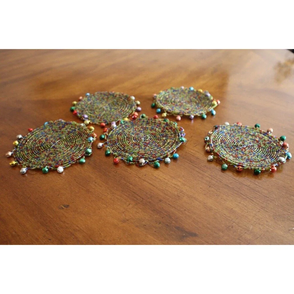 Lot 5x Pier 1 Imports Pier One Festive Beaded 4” Jingle Coasters Bells Christmas
